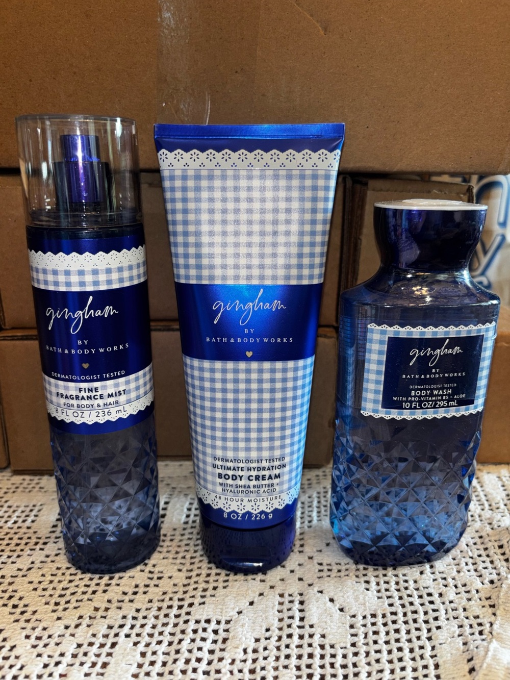 (2026) Bath & Body Works Gingham Blue Fragrance Mist, Body Cream & Body Wash Set